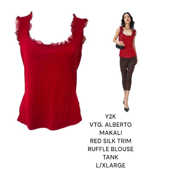 Y2K VTG. ALBERTO MAKALI RED SILK TRIM RUFFLE‎ TANK BLOUSE LARGE/X LARGE. - Picture 1 of 6